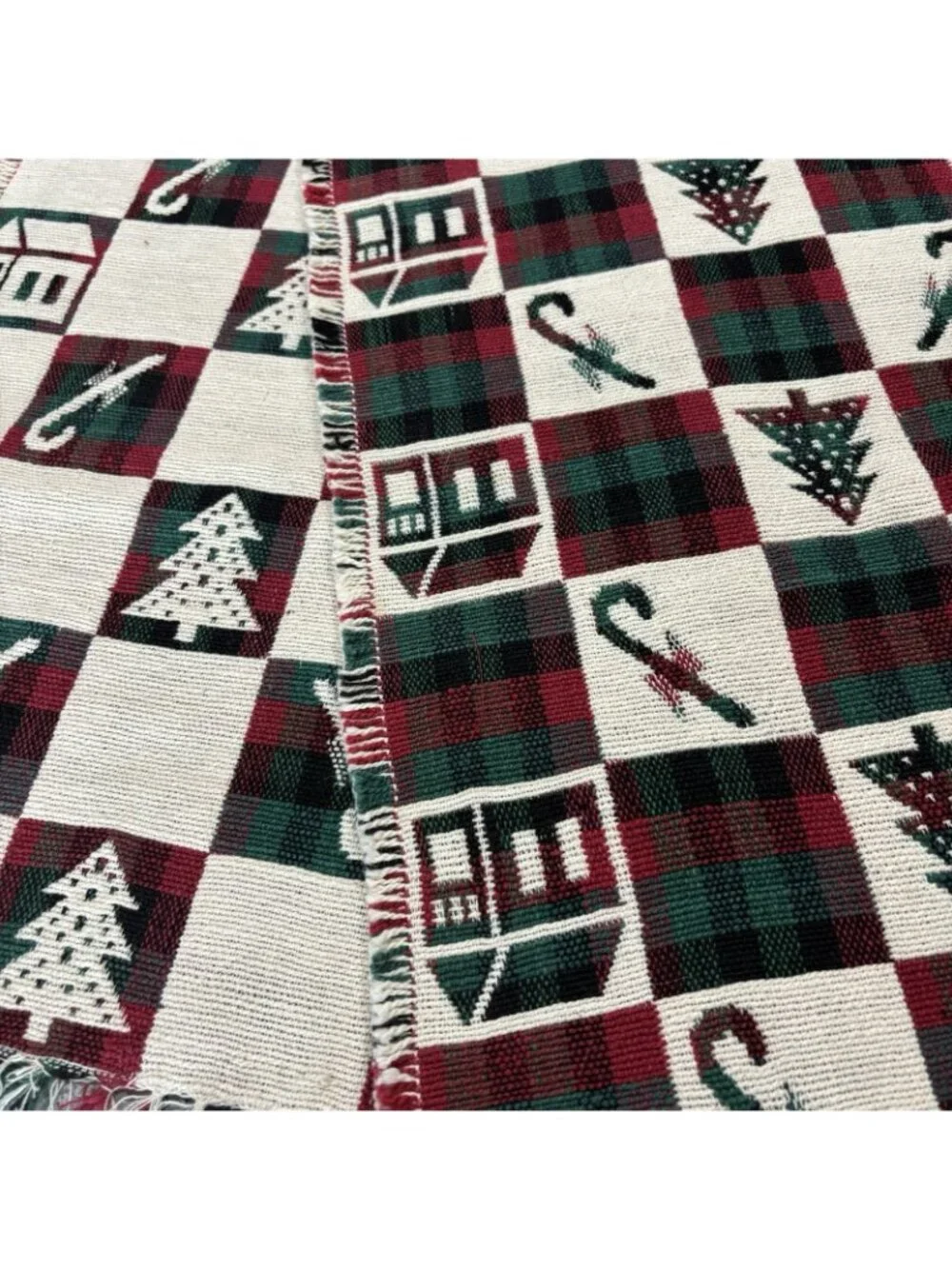 Vintage 90s 72” table runner Christmas woven tapestry check holiday Country